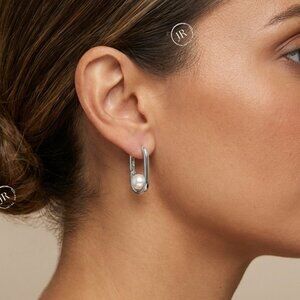 Sterling Silver Oval Pearl Earrings Rhodium Finish 2 cm •Lightweight Minimalist.